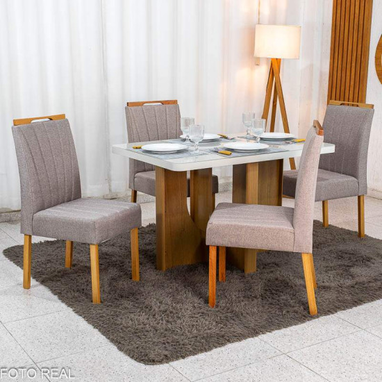 Mesa de Jantar Dora 120x80 Vidro Off Base MDF Cinamomo - Valdem�veis + 4 Cadeiras Gabi Linho Marrom Estrutura Madeira Bom Lar - Entregue Montada