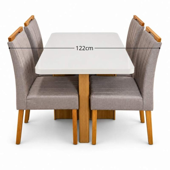 Mesa de Jantar Dora 120x80 Vidro Off Base MDF Cinamomo - Valdem�veis + 4 Cadeiras Gabi Linho Marrom Estrutura Madeira Bom Lar - Entregue Montada