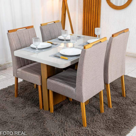 Mesa de Jantar Dora 120x80 Vidro Off Base MDF Cinamomo - Valdem�veis + 4 Cadeiras Gabi Linho Marrom Estrutura Madeira Bom Lar - Entregue Montada