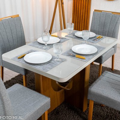 Mesa de Jantar Dora 120x80 Vidro Off Base MDF Cinamomo - Valdem�veis + 4 Cadeiras Gabi Linho Cinza Estrutura Madeira Bom Lar - Entregue Montada