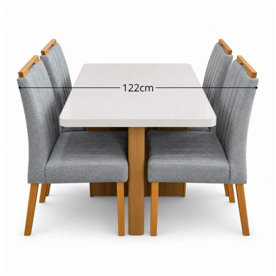 Mesa de Jantar Dora 120x80 Vidro Off Base MDF Cinamomo - Valdem�veis + 4 Cadeiras Gabi Linho Cinza Estrutura Madeira Bom Lar - Entregue Montada