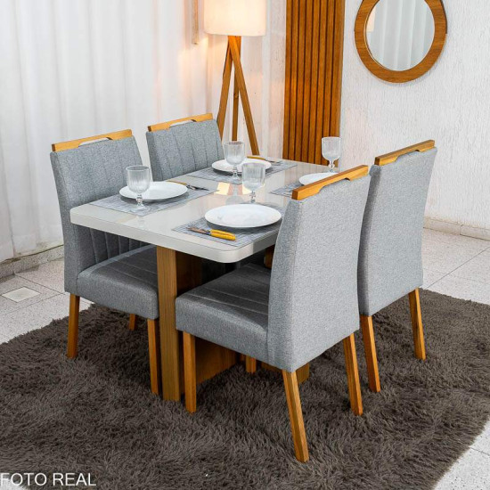 Mesa de Jantar Dora 120x80 Vidro Off Base MDF Cinamomo - Valdem�veis + 4 Cadeiras Gabi Linho Cinza Estrutura Madeira Bom Lar - Entregue Montada