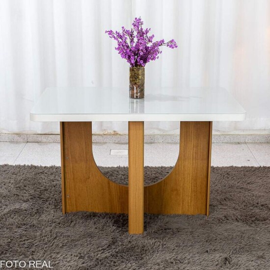 Mesa de Jantar Dora 120x80 Vidro Off Base MDF Cinamomo - Valdem�veis + 4 Cadeiras Gabi Linho Bege Estrutura Madeira Bom Lar - Entregue Montada