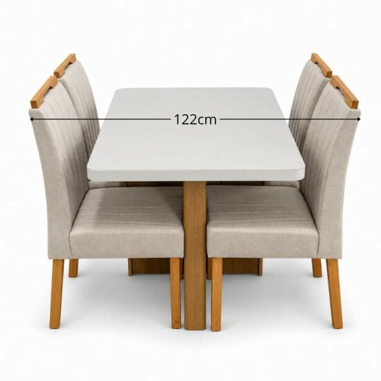 Mesa de Jantar Dora 120x80 Vidro Off Base MDF Cinamomo - Valdem�veis + 4 Cadeiras Gabi Linho Bege Estrutura Madeira Bom Lar - Entregue Montada