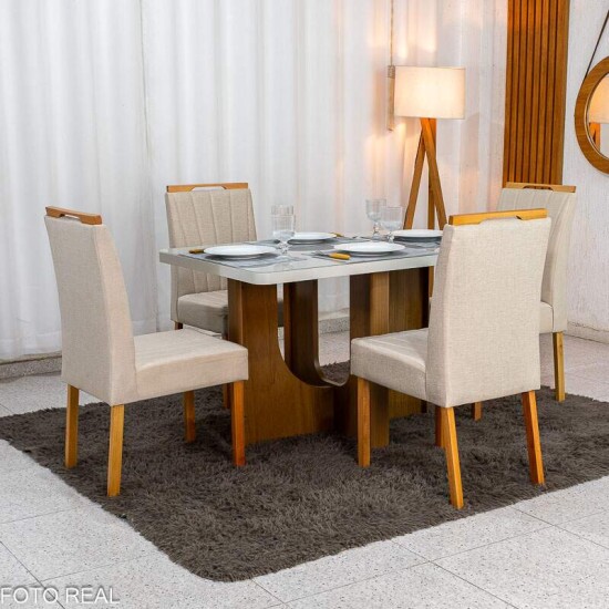 Mesa de Jantar Dora 120x80 Vidro Off Base MDF Cinamomo - Valdem�veis + 4 Cadeiras Gabi Linho Bege Estrutura Madeira Bom Lar - Entregue Montada