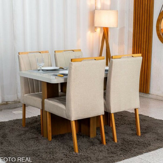 Mesa de Jantar Dora 120x80 Vidro Off Base MDF Cinamomo - Valdem�veis + 4 Cadeiras Gabi Linho Bege Estrutura Madeira Bom Lar - Entregue Montada