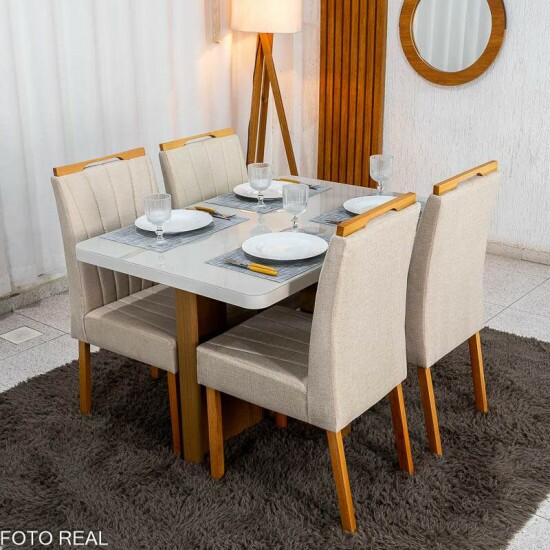 Mesa de Jantar Dora 120x80 Vidro Off Base MDF Cinamomo - Valdem�veis + 4 Cadeiras Gabi Linho Bege Estrutura Madeira Bom Lar - Entregue Montada
