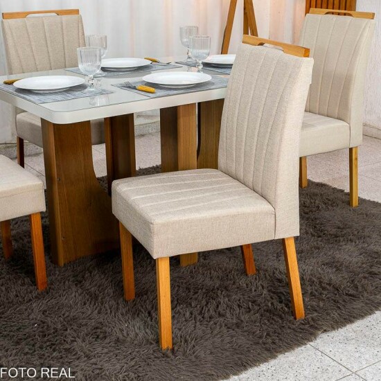 Mesa de Jantar Dora 120x80 Vidro Off Base MDF Cinamomo - Valdem�veis + 4 Cadeiras Gabi Linho Bege Estrutura Madeira Bom Lar - Entregue Montada