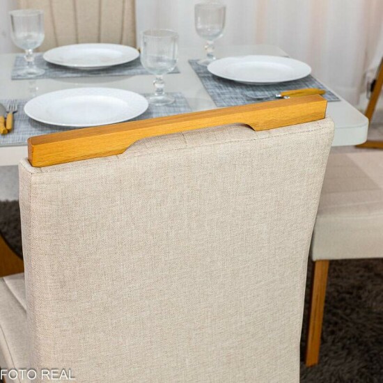 Mesa de Jantar Dora 120x80 Vidro Off Base MDF Cinamomo - Valdem�veis + 4 Cadeiras Gabi Linho Bege Estrutura Madeira Bom Lar - Entregue Montada