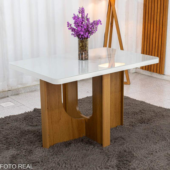 Mesa de Jantar Dora 120x80 Vidro Off Base MDF Cinamomo - Valdem�veis + 4 Cadeiras Floren�a Corino Avel� 808 Estrutura Madeira Art Assento - Entregue Montada