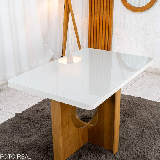 Mesa de Jantar Dora 120x80 Vidro Off Base MDF Cinamomo - Valdem�veis + 4 Cadeiras Floren�a Corino Avel� 808 Estrutura Madeira Art Assento - Entregue Montada