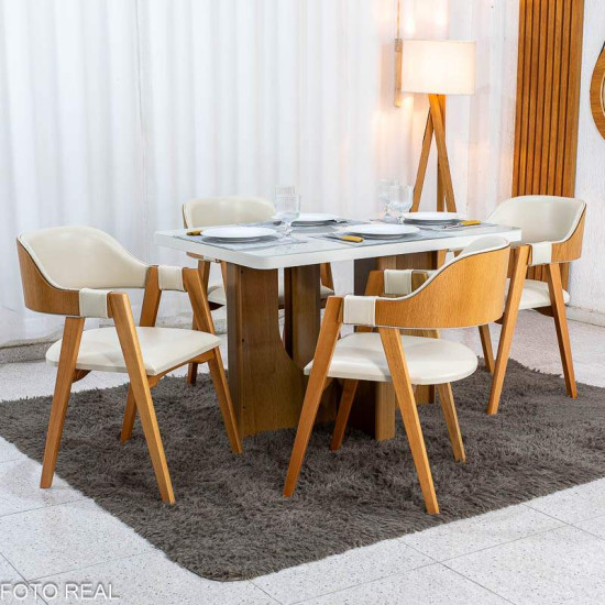 Mesa de Jantar Dora 120x80 Vidro Off Base MDF Cinamomo - Valdem�veis + 4 Cadeiras Floren�a Corino Avel� 808 Estrutura Madeira Art Assento - Entregue Montada