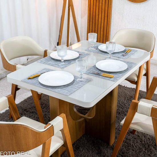 Mesa de Jantar Dora 120x80 Vidro Off Base MDF Cinamomo - Valdem�veis + 4 Cadeiras Floren�a Corino Avel� 808 Estrutura Madeira Art Assento - Entregue Montada
