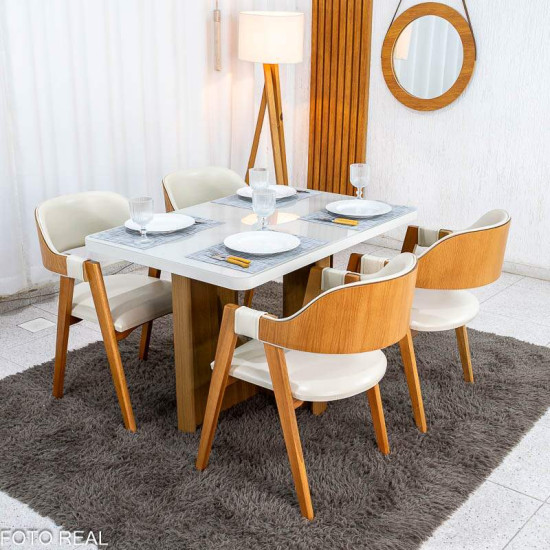 Mesa de Jantar Dora 120x80 Vidro Off Base MDF Cinamomo - Valdem�veis + 4 Cadeiras Floren�a Corino Avel� 808 Estrutura Madeira Art Assento - Entregue Montada