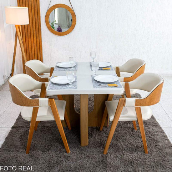 Mesa de Jantar Dora 120x80 Vidro Off Base MDF Cinamomo - Valdem�veis + 4 Cadeiras Floren�a Corino Avel� 808 Estrutura Madeira Art Assento - Entregue Montada