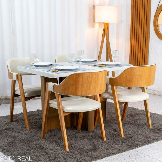 Mesa de Jantar Dora 120x80 Vidro Off Base MDF Cinamomo - Valdem�veis + 4 Cadeiras Floren�a Corino Avel� 808 Estrutura Madeira Art Assento - Entregue Montada