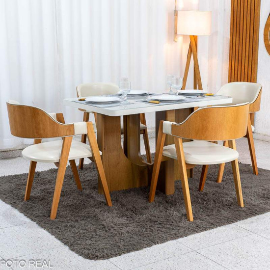 Mesa de Jantar Dora 120x80 Vidro Off Base MDF Cinamomo - Valdem�veis + 4 Cadeiras Floren�a Corino Avel� 808 Estrutura Madeira Art Assento - Entregue Montada