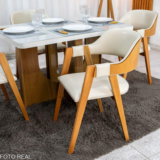 Mesa de Jantar Dora 120x80 Vidro Off Base MDF Cinamomo - Valdem�veis + 4 Cadeiras Floren�a Corino Avel� 808 Estrutura Madeira Art Assento - Entregue Montada