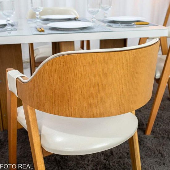 Mesa de Jantar Dora 120x80 Vidro Off Base MDF Cinamomo - Valdem�veis + 4 Cadeiras Floren�a Corino Avel� 808 Estrutura Madeira Art Assento - Entregue Montada