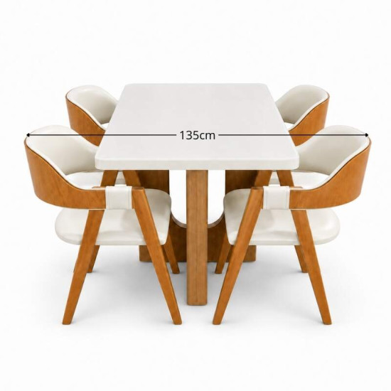Mesa de Jantar Dora 120x80 Vidro Off Base MDF Cinamomo - Valdem�veis + 4 Cadeiras Floren�a Corino Avel� 808 Estrutura Madeira Art Assento - Entregue Montada
