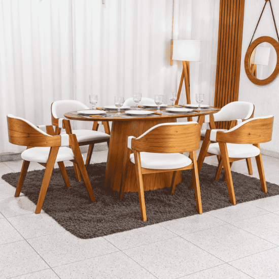 Mesa de Jantar Barcelona Oval 180x90 Cinamomo + 6 Cadeiras Ravena Linho Bege Cru Estrutura Madeira - Minas Plac