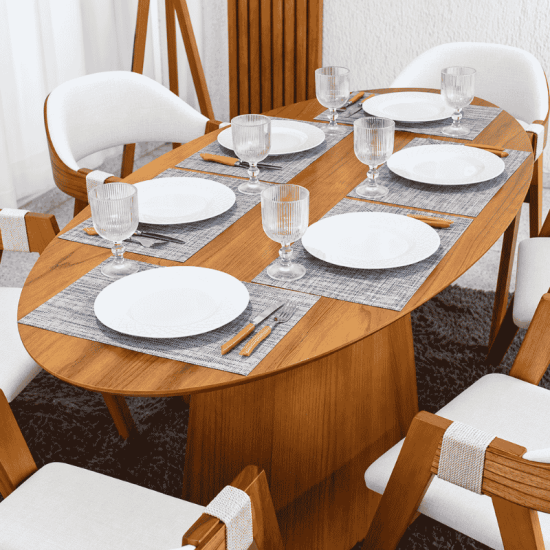 Mesa de Jantar Barcelona Oval 180x90 Cinamomo + 6 Cadeiras Ravena Linho Bege Cru Estrutura Madeira - Minas Plac