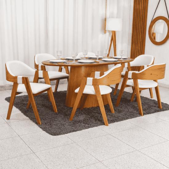 Mesa de Jantar Barcelona Oval 180x90 Cinamomo + 6 Cadeiras Ravena Linho Bege Cru Estrutura Madeira - Minas Plac