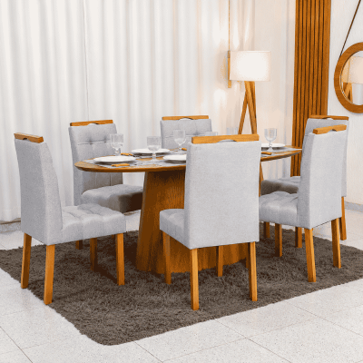Mesa de Jantar Barcelona Oval 180x90 Cinamomo + 6 Cadeiras Londres Linho Prata Estrutura Madeira - Minas Plac