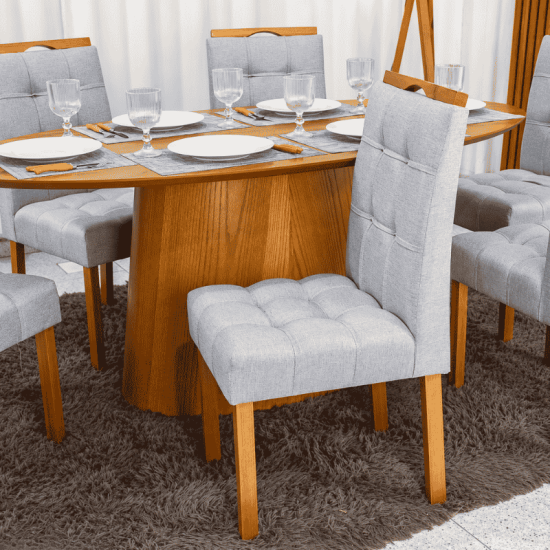 Mesa de Jantar Barcelona Oval 180x90 Cinamomo + 6 Cadeiras Londres Linho Prata Estrutura Madeira - Minas Plac