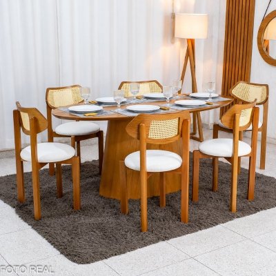 Mesa de Jantar Barcelona Oval 180x90 Cinamomo + 6 Cadeiras Munique Linho Bege Estrutura Madeira Minas Plac - Entregue Montada