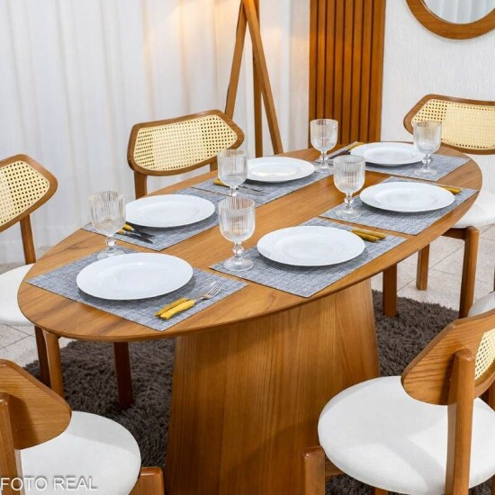 Mesa de Jantar Barcelona Oval 180x90 Cinamomo + 6 Cadeiras Munique Linho Bege Estrutura Madeira Minas Plac - Entregue Montada