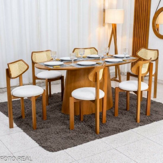 Mesa de Jantar Barcelona Oval 180x90 Cinamomo + 6 Cadeiras Munique Linho Bege Estrutura Madeira Minas Plac - Entregue Montada