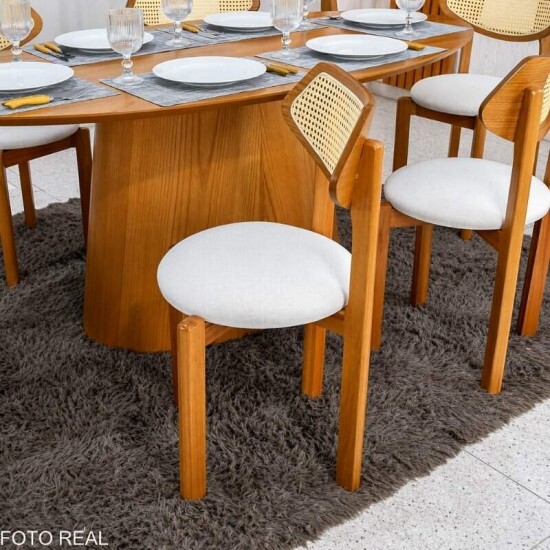 Mesa de Jantar Barcelona Oval 180x90 Cinamomo + 6 Cadeiras Munique Linho Bege Estrutura Madeira Minas Plac - Entregue Montada