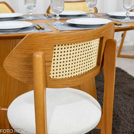 Mesa de Jantar Barcelona Oval 180x90 Cinamomo + 6 Cadeiras Munique Linho Bege Estrutura Madeira Minas Plac - Entregue Montada