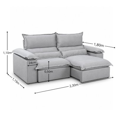 Sof� Retr�til Reclin�vel Noruega 2,30m Veludo Prata 823 - Molas Ensacadas