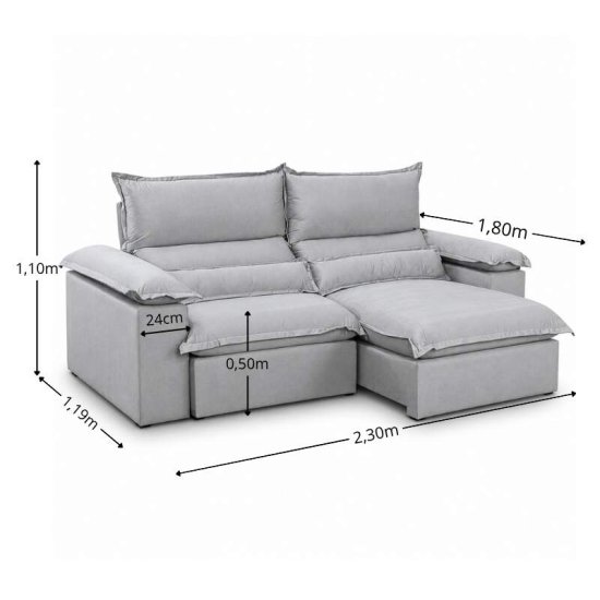 Sof� Retr�til Reclin�vel Noruega 2,30m Veludo Prata 823 - Molas Ensacadas