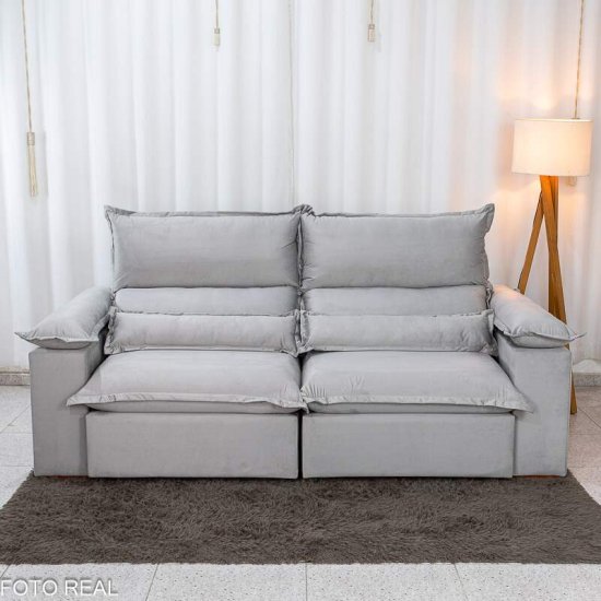 Sof� Retr�til Reclin�vel Noruega 2,30m Veludo Prata 823 - Molas Ensacadas