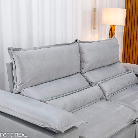 Sof� Retr�til Reclin�vel Noruega 2,30m Veludo Prata 823 - Molas Ensacadas