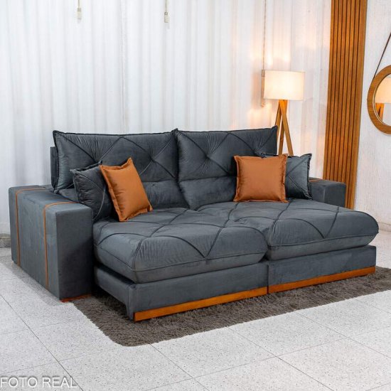 Sof� Retr�til Reclin�vel Gran Bello 2,50m Veludo Cinza 20 - Molas Ensacadas