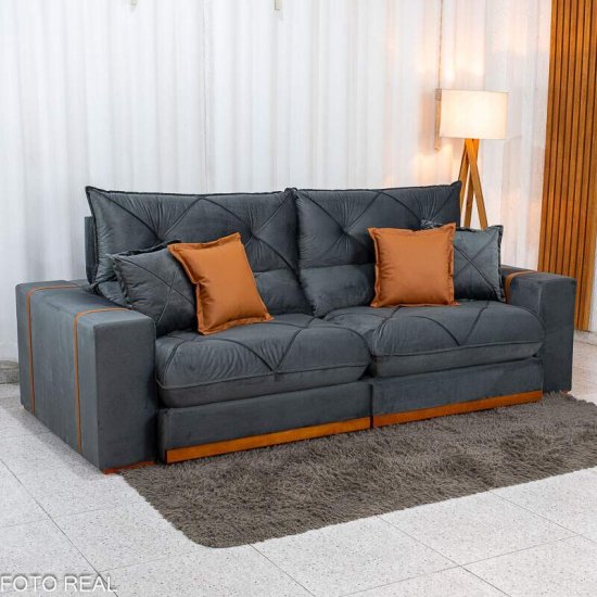 Sof� Retr�til Reclin�vel Gran Bello 2,50m Veludo Cinza 20 - Molas Ensacadas