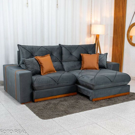 Sof� Retr�til Reclin�vel Gran Bello 2,50m Veludo Cinza 20 - Molas Ensacadas