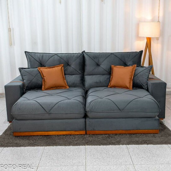 Sof� Retr�til Reclin�vel Gran Bello 2,50m Veludo Cinza 20 - Molas Ensacadas