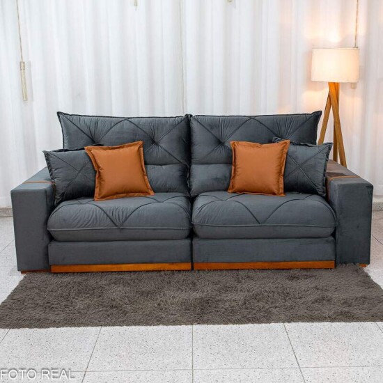 Sof� Retr�til Reclin�vel Gran Bello 2,50m Veludo Cinza 20 - Molas Ensacadas