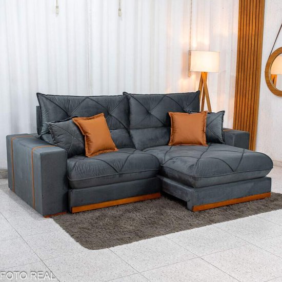 Sof� Retr�til Reclin�vel Gran Bello 2,30m Veludo Cinza 20 - Molas Ensacadas
