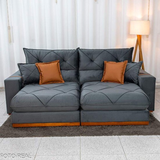 Sof� Retr�til Reclin�vel Gran Bello 2,30m Veludo Cinza 20 - Molas Ensacadas