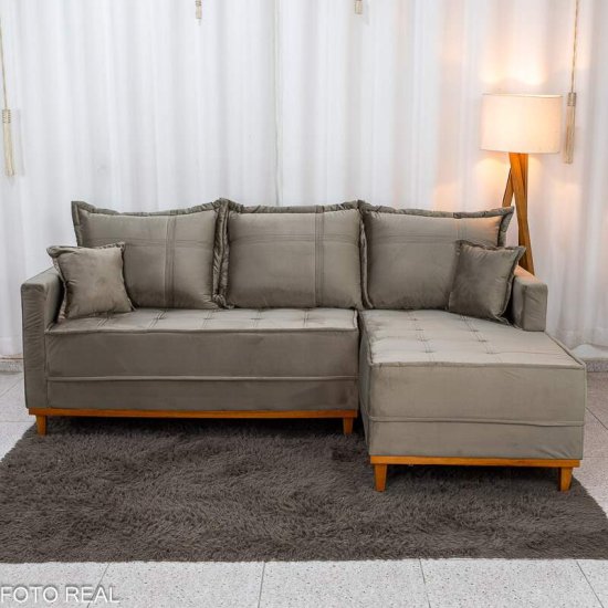 Sof� 3 Lugares Mil�o Chaise Lado Esquerdo Veludo Cinza 813 Molas Ensacadas - 2,30m