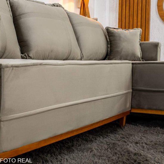 Sof� 3 Lugares Mil�o Chaise Lado Esquerdo Veludo Cinza 813 Molas Ensacadas - 2,30m