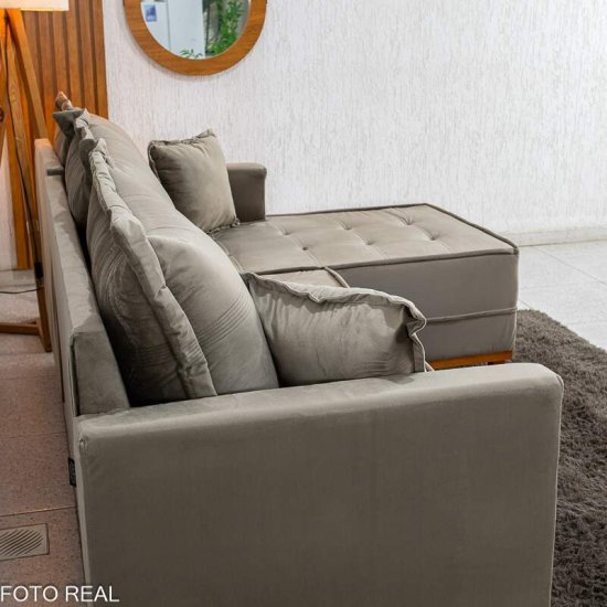 Sof� 3 Lugares Mil�o Chaise Lado Esquerdo Veludo Cinza 813 Molas Ensacadas - 2,30m