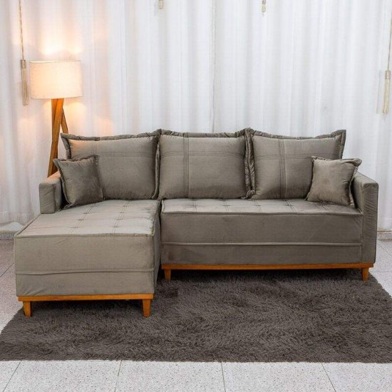 Sof� 3 Lugares Mil�o Chaise Lado Direito Veludo Cinza 813 Molas Ensacadas - 2,30m
