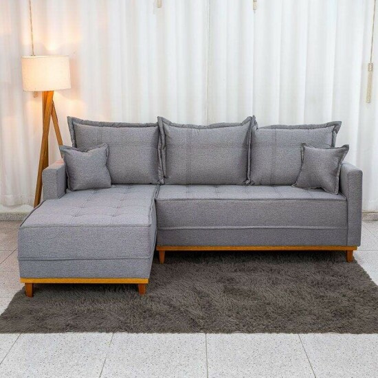 Sof� 3 Lugares Mil�o Chaise Lado Direito Linho Cinza 1008 Molas Ensacadas - 2,30m